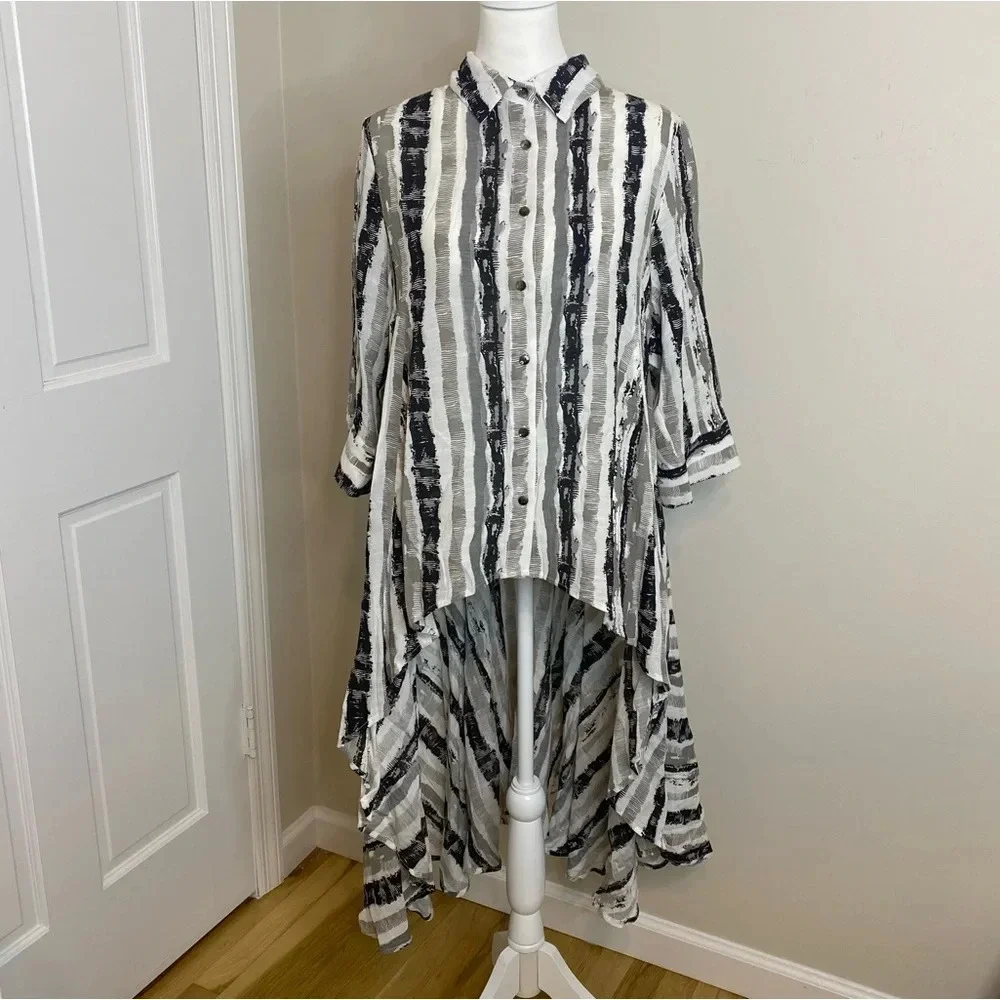 PATRIZIA LUCA Women’s Three Quarter High Low Striped Print Shirt Dress Top L - Picture 5 of 13